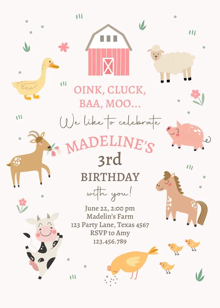 Pink Farm Birthday Invitation Template | Girl Barnyard Animals Canva Invite