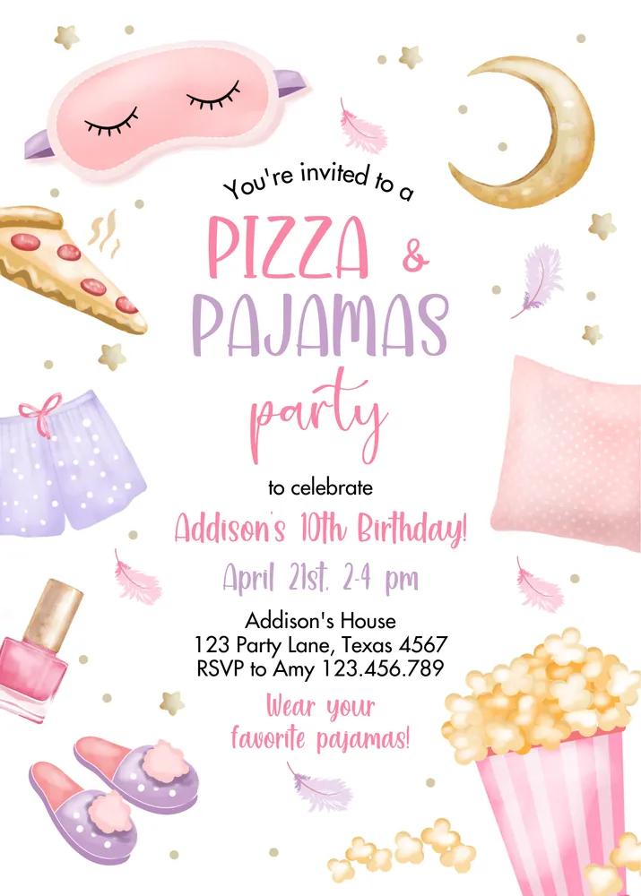 Pizza and Pajamas Birthday Invitation | Movie Night Slumber Party Canva Template
