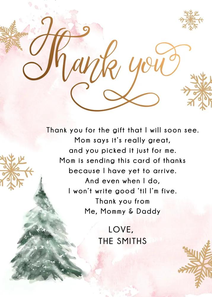 Winter Tree Baby Shower Thank You Card Pink Gold Watercolor Canva Template