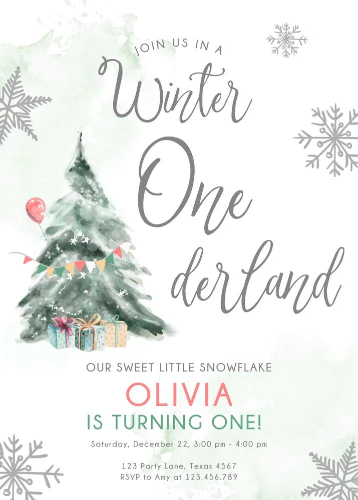 Winter ONEderland 1st Birthday Invitation | Editable Canva Template Snow