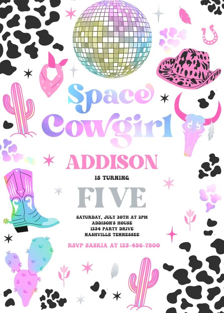 Space Cowgirl Birthday Invitation, Cosmic Disco Rodeo Canva Template