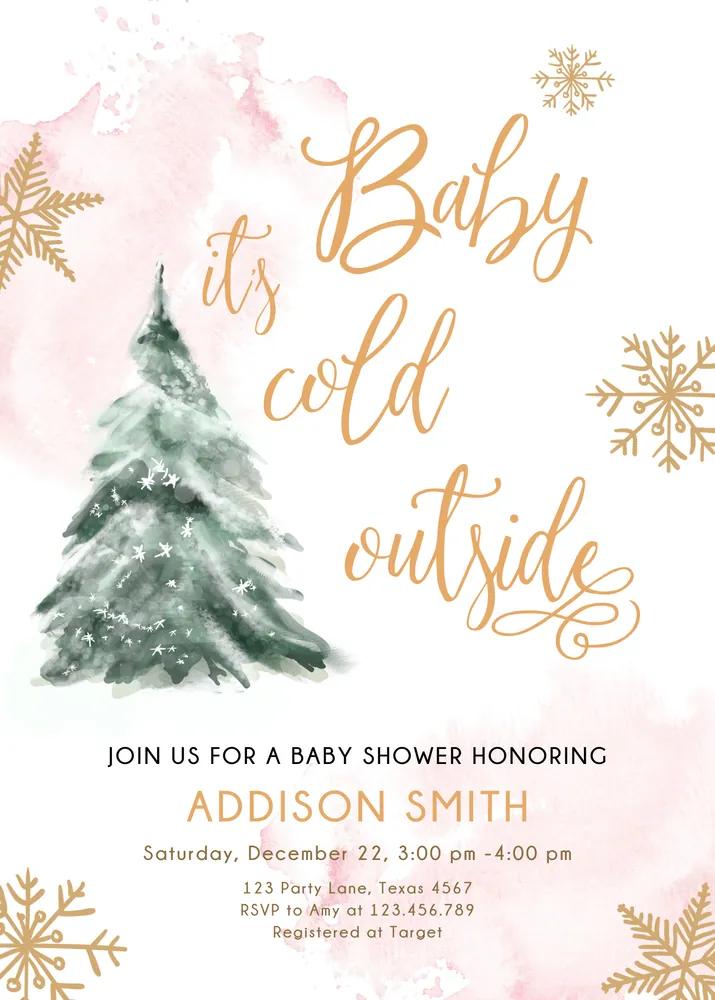 Pink & Gold Winter Baby Shower Invitation, Editable Canva Template