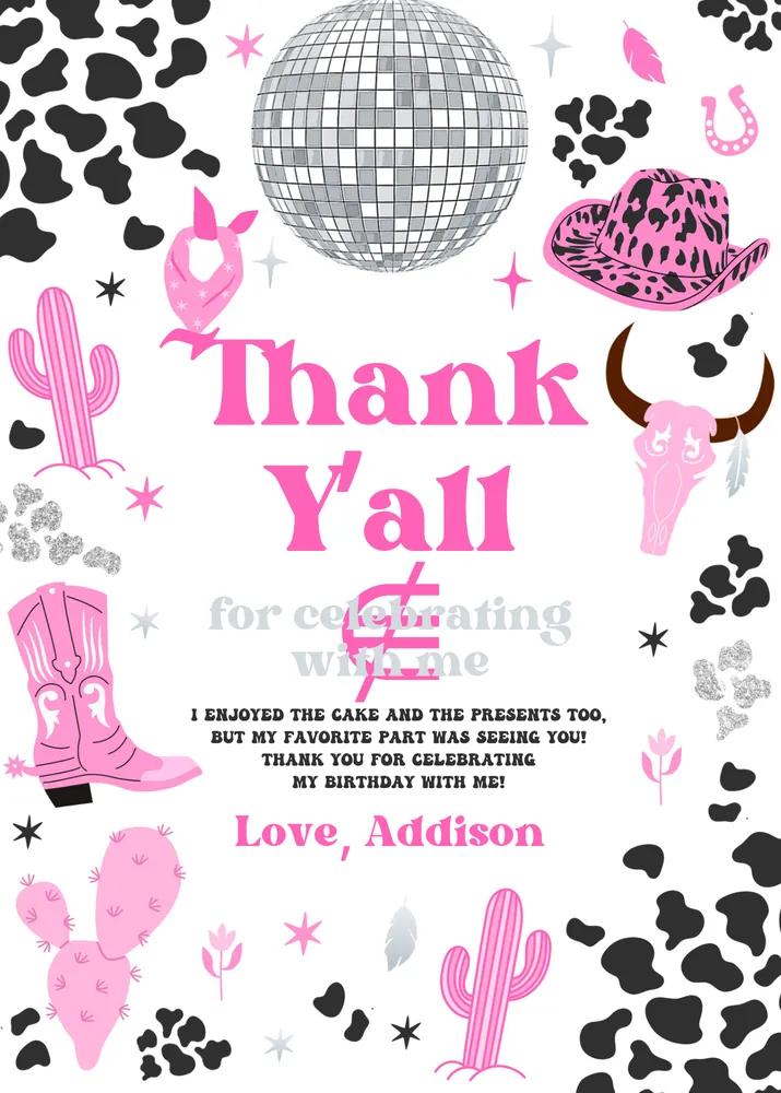 Space Cowgirl Birthday Thank You Card - Editable Pink Disco Rodeo Canva Template