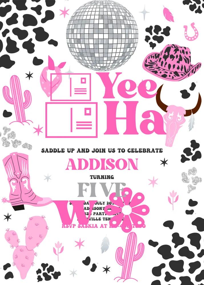 Space Cowgirl Birthday Invitation Pink Disco Rodeo Canva Template