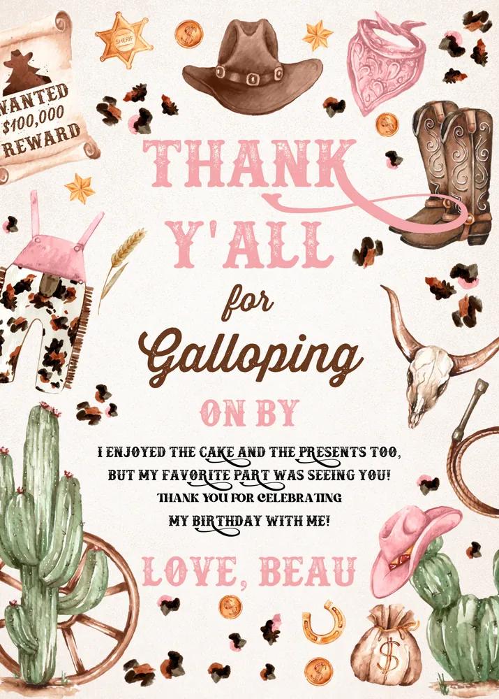 Cowgirl Birthday Party Thank You Card | Wild West Rodeo Canva Template