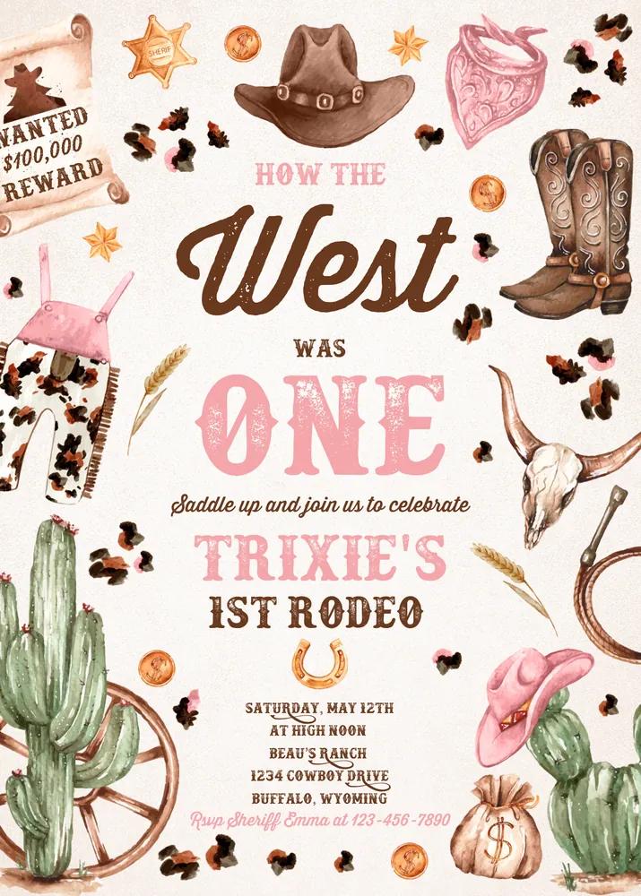 How The West Was One Birthday Invitation | Pink Cowgirl 1st Rodeo Canva Template