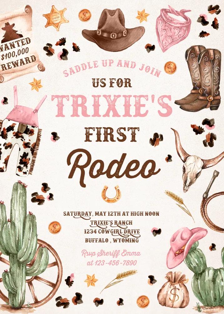 Cowgirl 1st Rodeo Birthday Invitation, Wild West Ranch Editable Canva Template