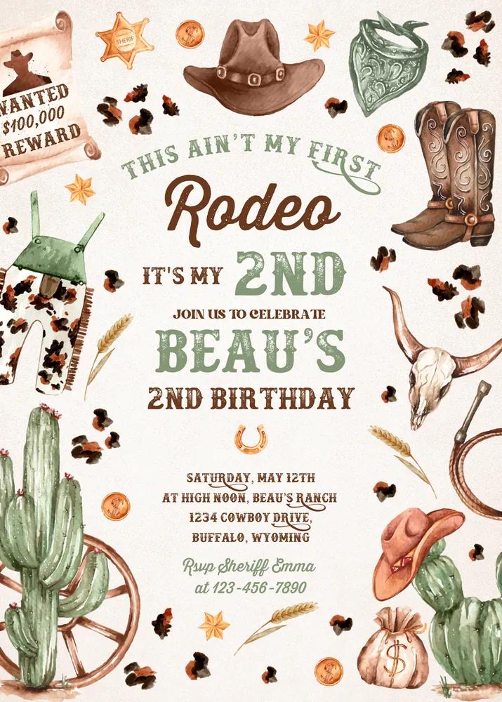 Second Rodeo Cowboy Birthday Party Invitation | 2nd Birthday Canva Template