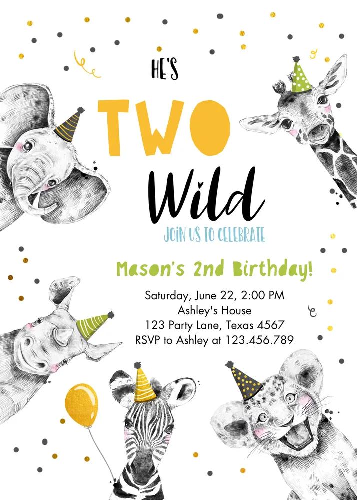 Two Wild Birthday Invitation | Safari Animals 2nd Birthday Canva Template