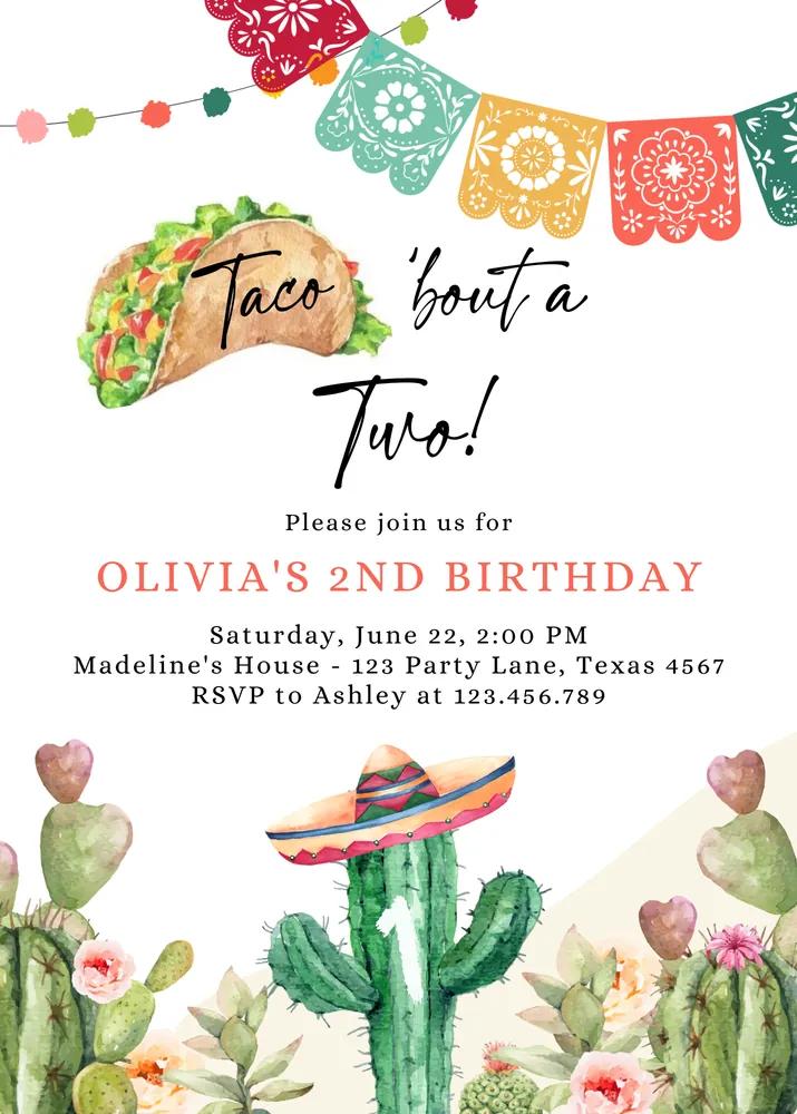Taco Bout Two Birthday Invitation | Editable Canva Template Any Age Fiesta