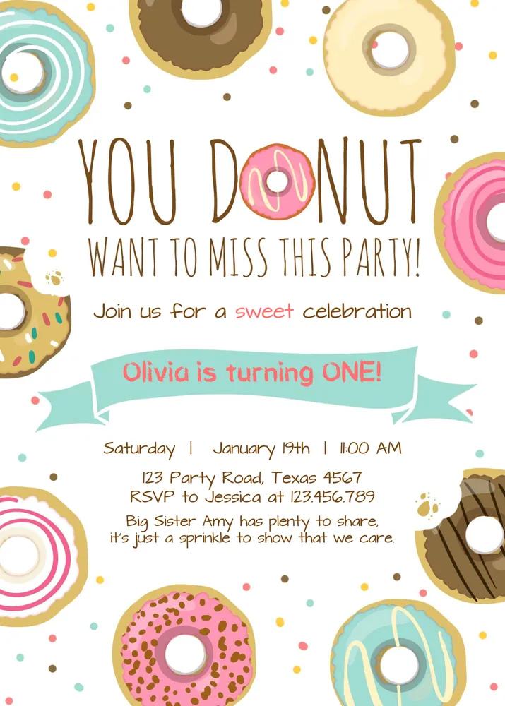 Editable Donut First Birthday Invitation Pink Doughnut 1st Birthday Canva Template