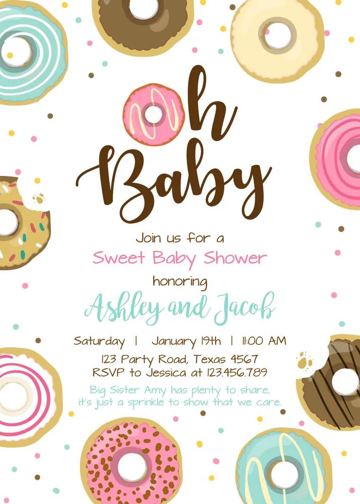 Donut Baby Shower Invitation | Editable Canva Template Pink Girl Coed