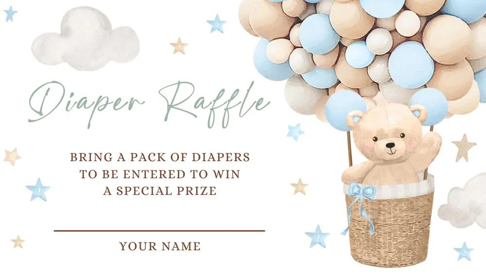 Blue Teddy Bear Hot Air Balloon Diaper Raffle Card Canva Template