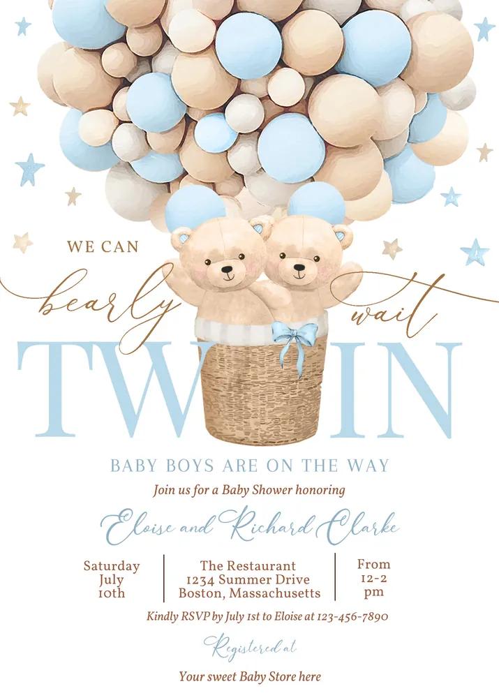 Twin Teddy Bear Hot Air Balloon Baby Shower Invitation Canva Template