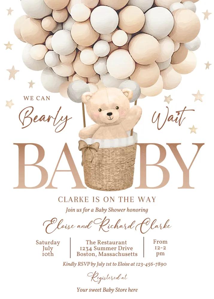 Teddy Bear Hot Air Balloon Baby Shower Invitation Canva Template Neutral