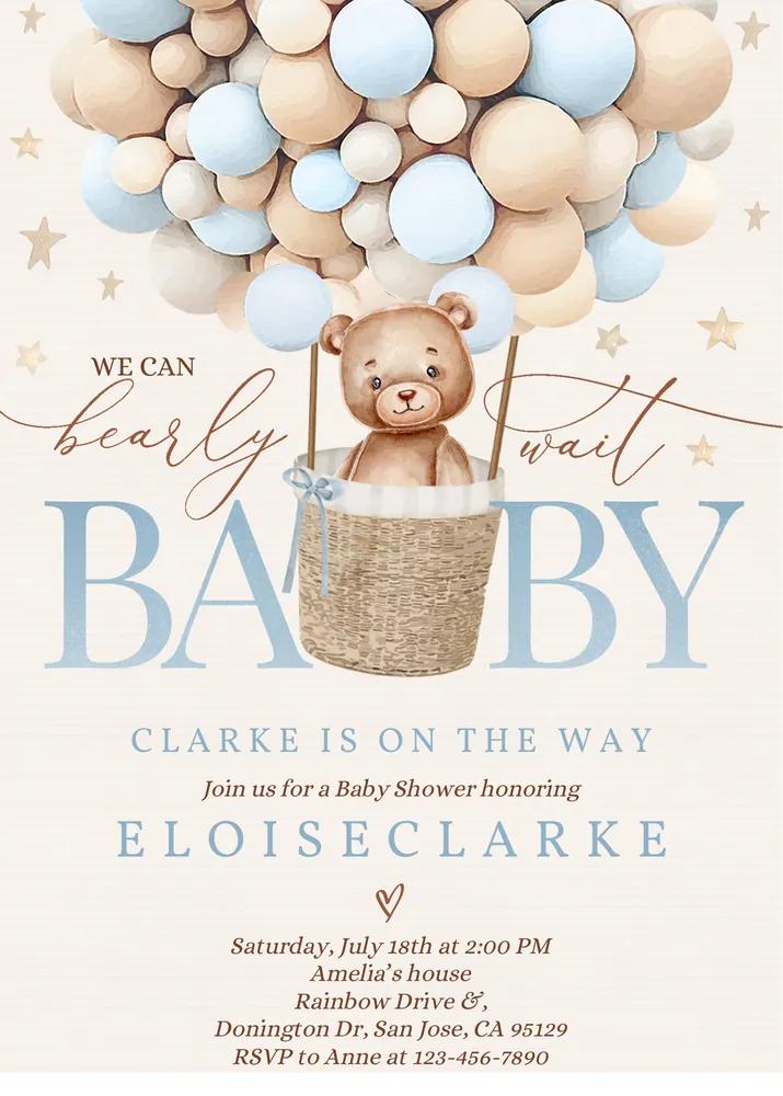 Teddy Bear Hot Air Balloon Baby Shower Invitation Boy Blue Canva Template