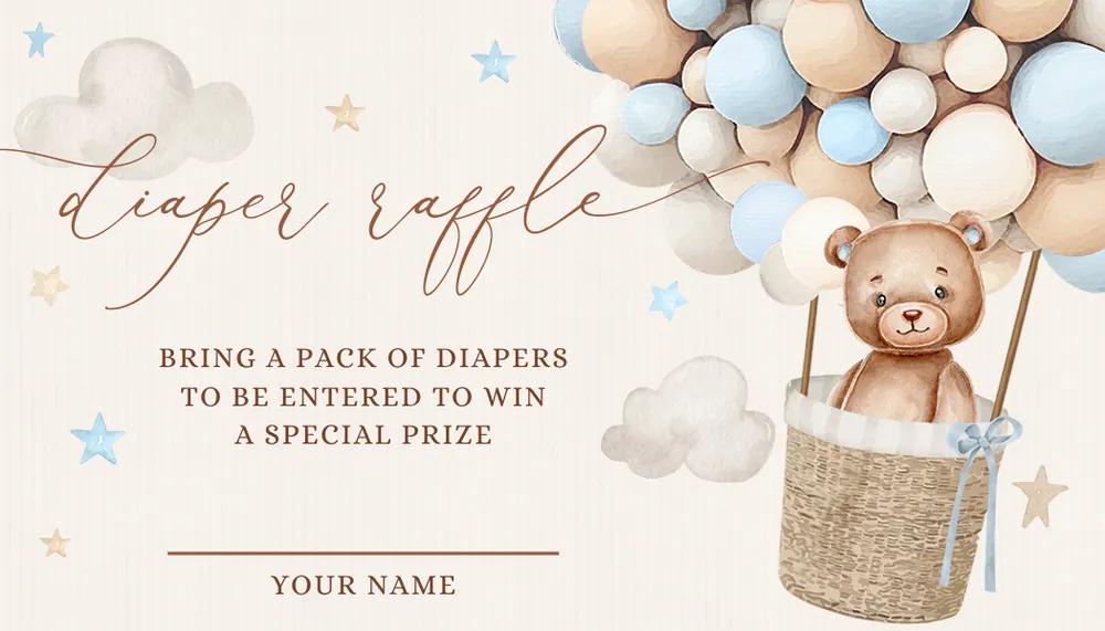 Blue Teddy Bear Hot Air Balloon Diaper Raffle Ticket Canva Template