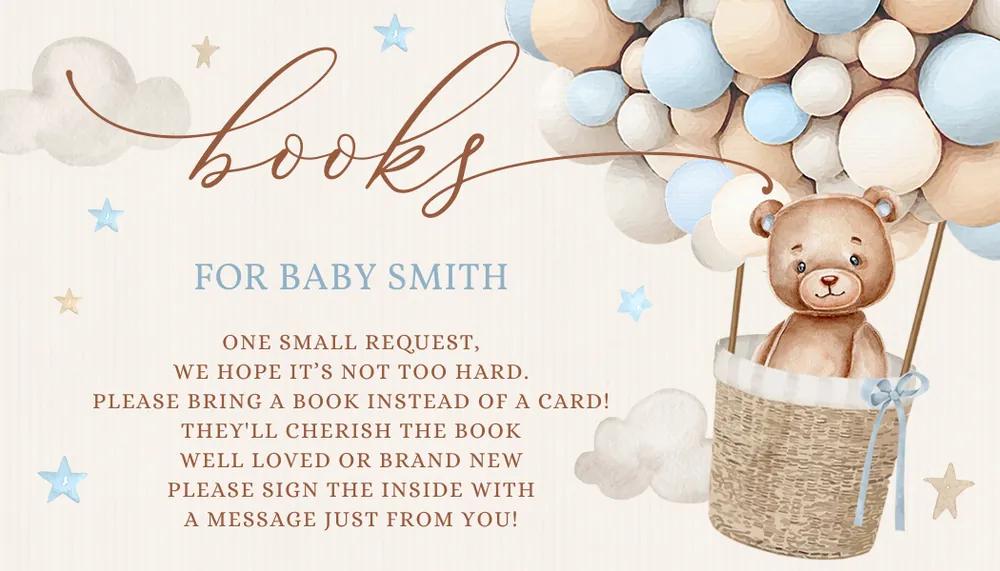 Blue Teddy Bear Hot Air Balloon Baby Shower Book Request Ticket Canva Template