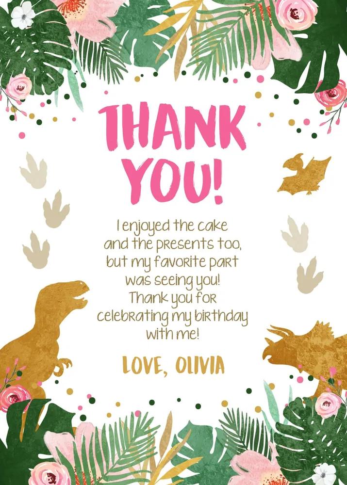 Girl Dinosaur Birthday Thank You Card Template Pink Gold T-Rex Instant Download