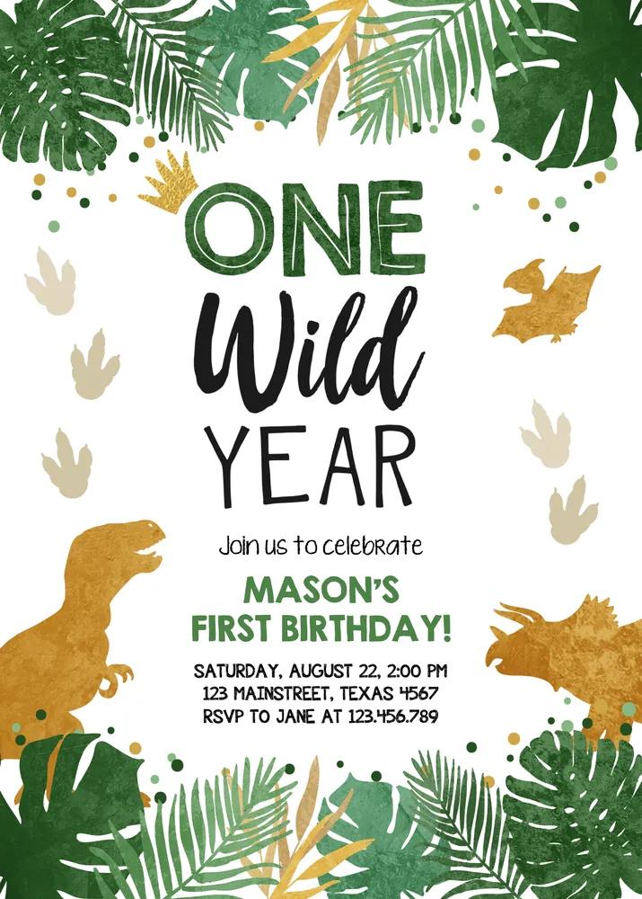 Wild One Dinosaur Birthday Invitation | Gold 1st Birthday Canva Template