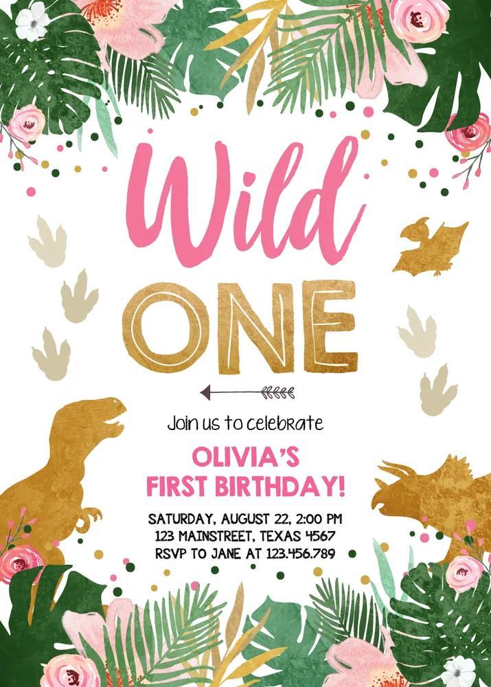 Pink Dinosaur 1st Birthday Invitation, Editable Wild One Girl Dino Template