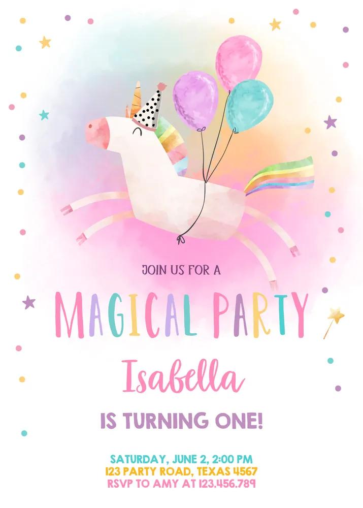 Editable Unicorn Birthday Invitation - Pink & Gold Magical Rainbow Party Invite