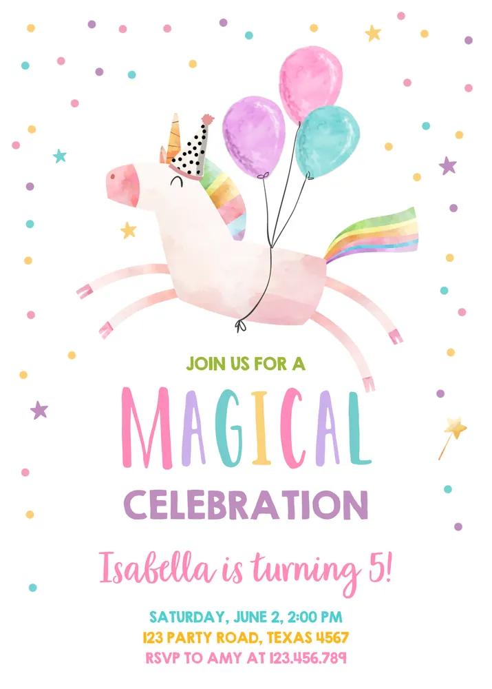Unicorn Birthday Invitation Template | Pink Magical 1st Birthday Digital Invite