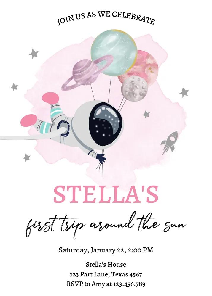 Girl Outer Space Birthday Invitation - Editable Canva Astronaut Invite Template