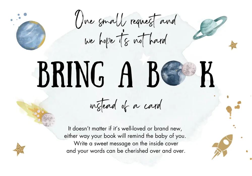 Space Astronaut Baby Shower Bring a Book Card Canva Template - Orange Rocket