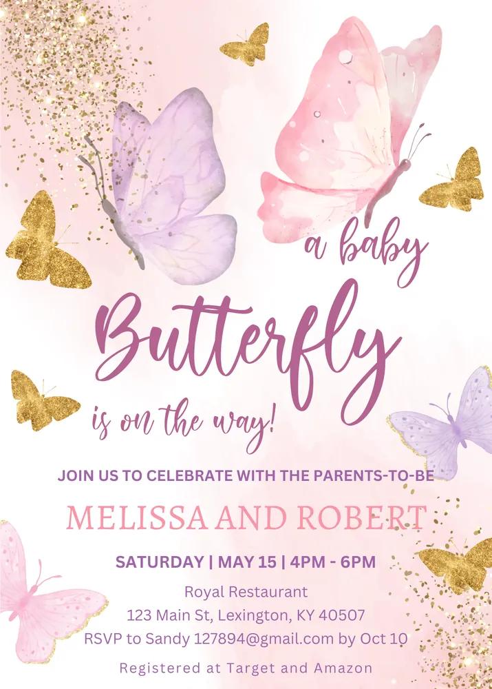 Editable Butterfly Baby Shower Invitation Template for Girl - Canva Instant Access