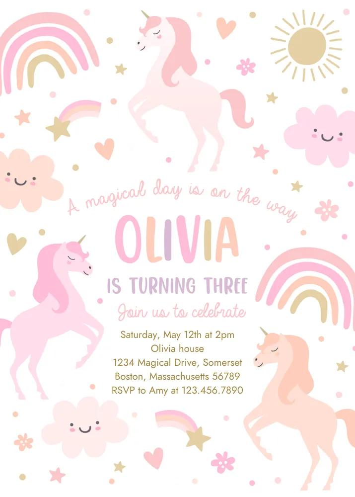 Unicorn Birthday Invitation Template | Editable Magical Pink Rainbow Fairytale