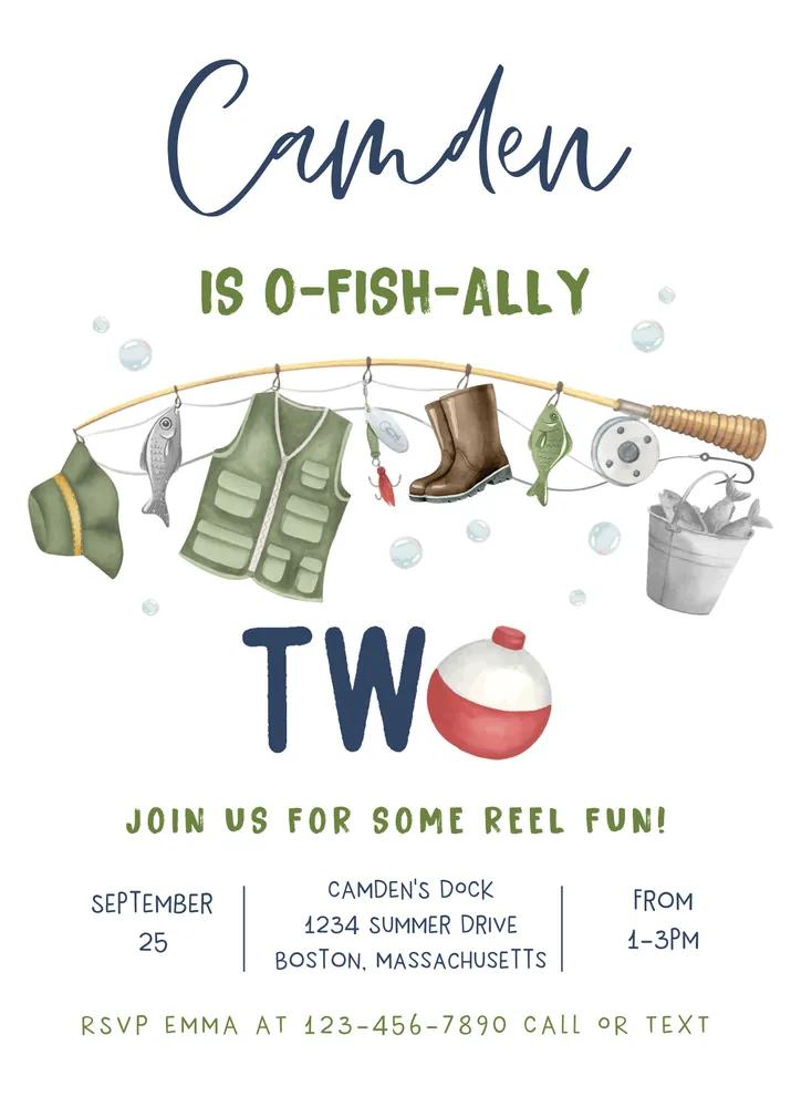 O-Fish-Ally Two 2nd Birthday Invitation, Fishing Boy Canva Template