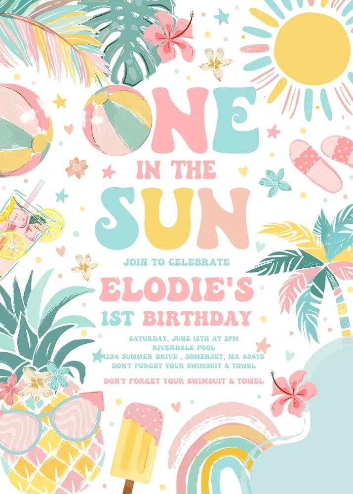 One In The Sun 1st Birthday Invitation | Tropical Summer Luau Canva Template