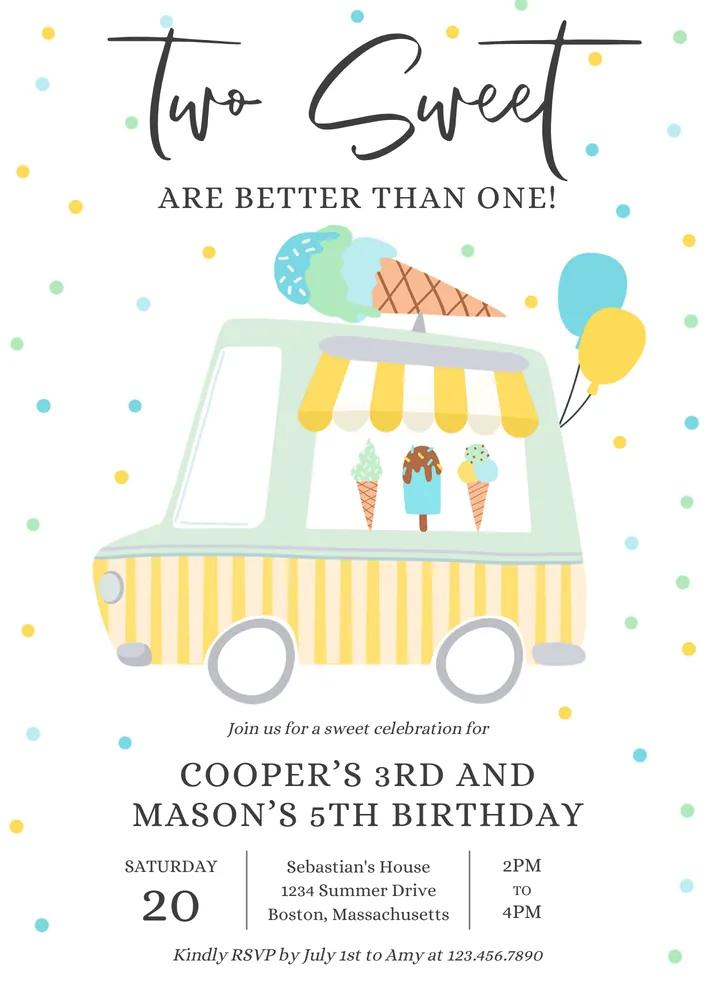 Ice Cream Twin Birthday Invitation | Two Scoops Better Than One Canva Template