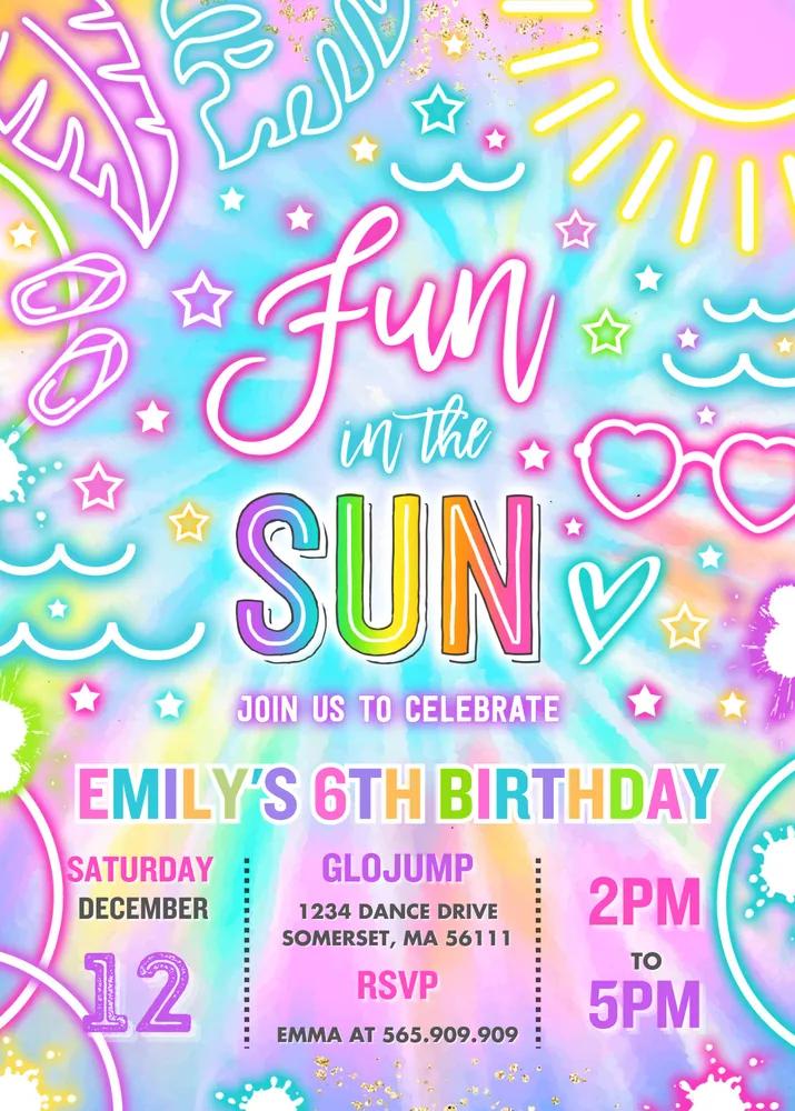 Glow Neon Tie Dye Pool Party Invitation Canva Template - Summer Birthday