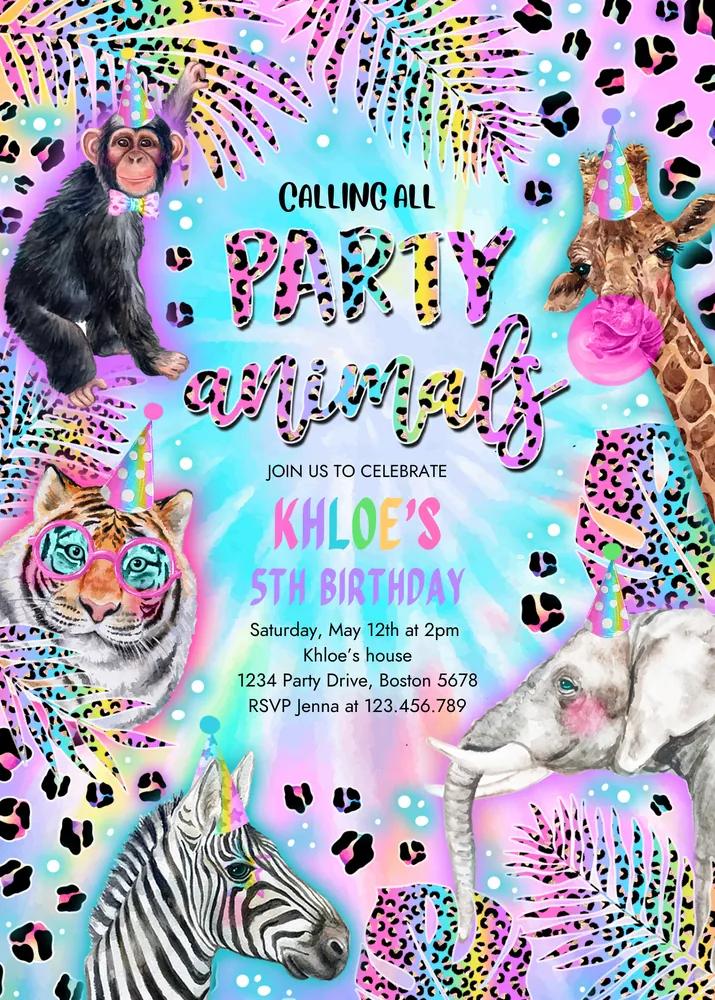 Neon Tie Dye Safari Animals Birthday Invitation Canva Template