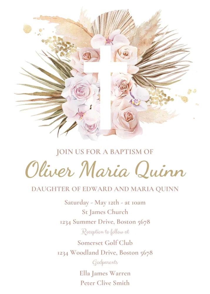 Boho Pampas Grass Baptism Invitation - Editable Canva Template Instant Download