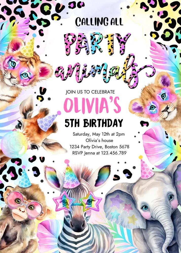 Pastel Rainbow Party Animals Birthday Invite - Canva Safari Leopard Template