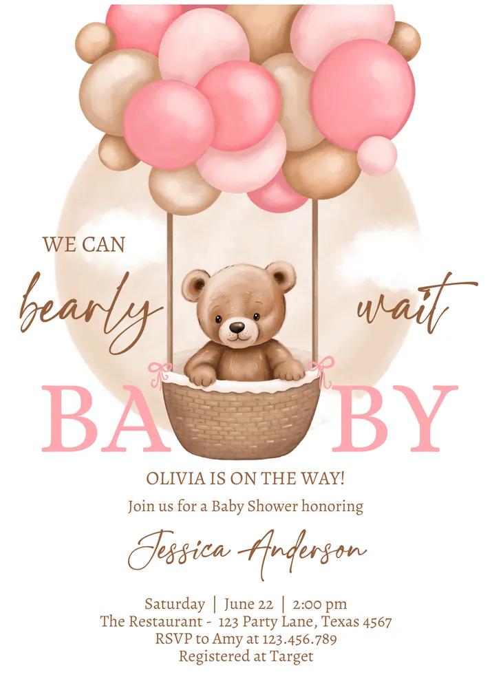 Bear Balloon Baby Shower Invitation | Editable Canva Template Instant Download