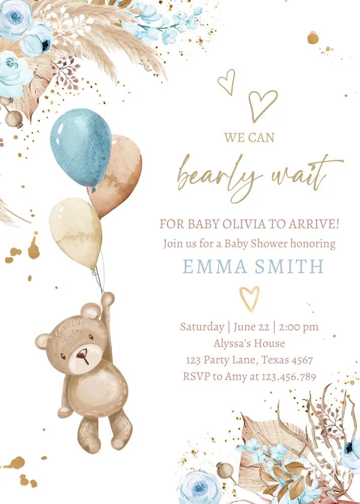 Boho Teddy Bear Baby Shower Invitation | Editable Canva Template Boy