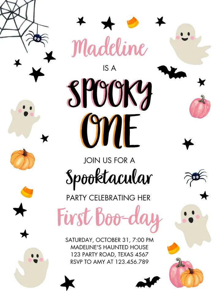 Pink Halloween 1st Birthday Invitation | Editable Canva Spooky One Template