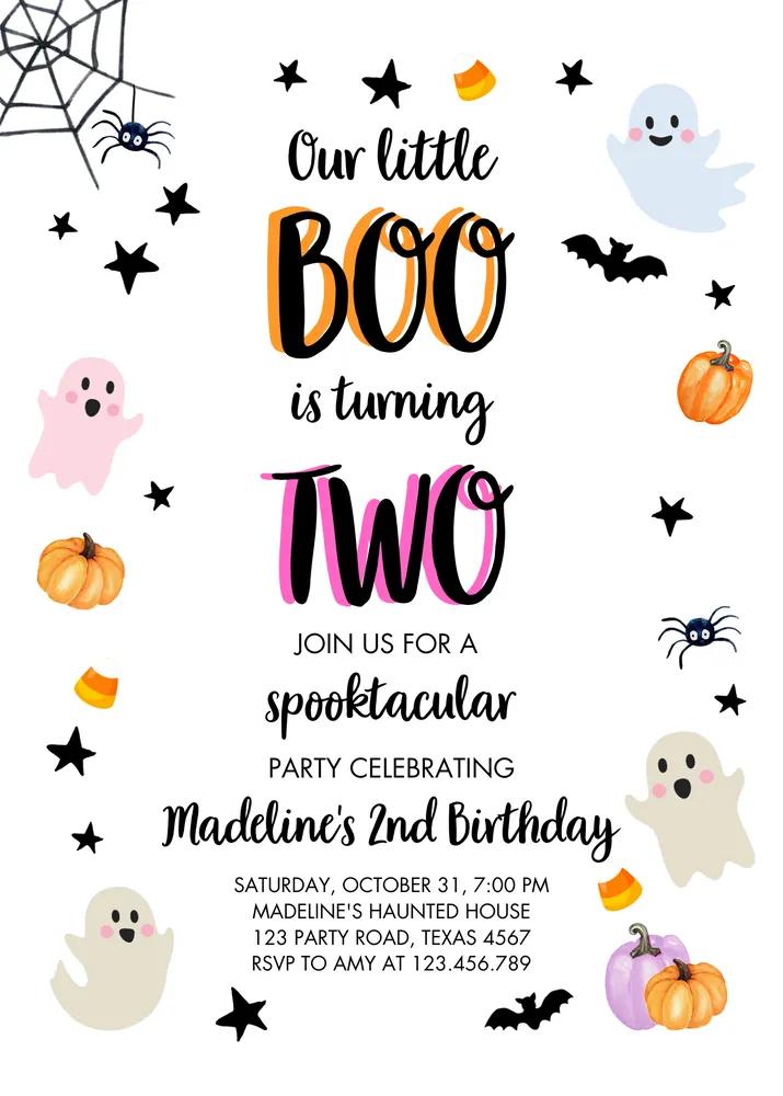 Pink Halloween 2nd Birthday Invitation, Pastel Ghost Spooktacular Canva Template