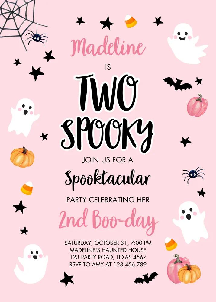 Editable Pink Ghost 2nd Birthday Invitation, Girls Two Spooky Canva Template