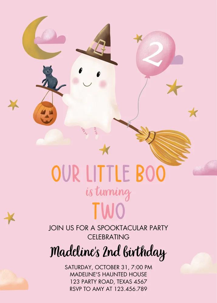 Ghost Halloween 2nd Birthday Invitation Pink Girl Boo Spooktacular Canva