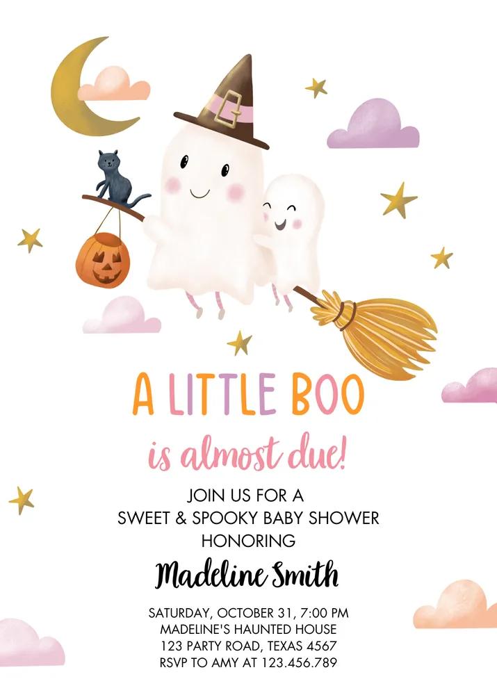 Pink Little Boo Baby Shower Invitation - Halloween Ghost Girl Canva Template