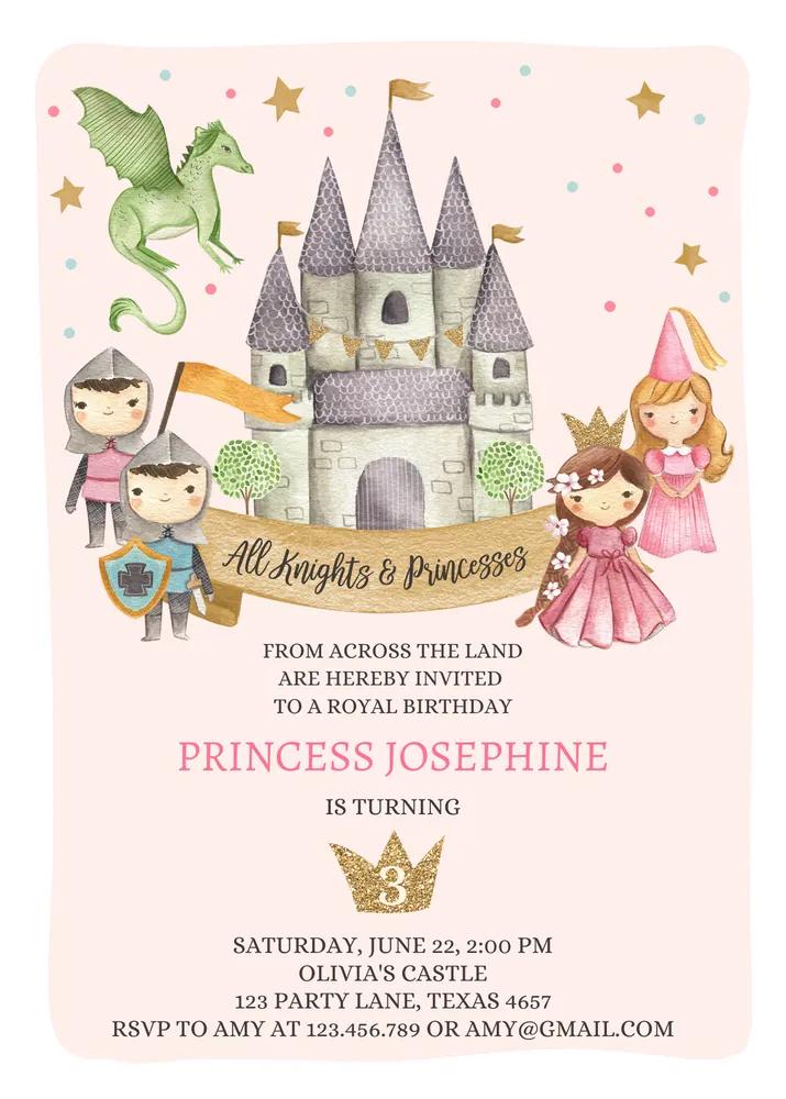 Princess and Knight Birthday Invitation | Editable Canva Template Pink Castle