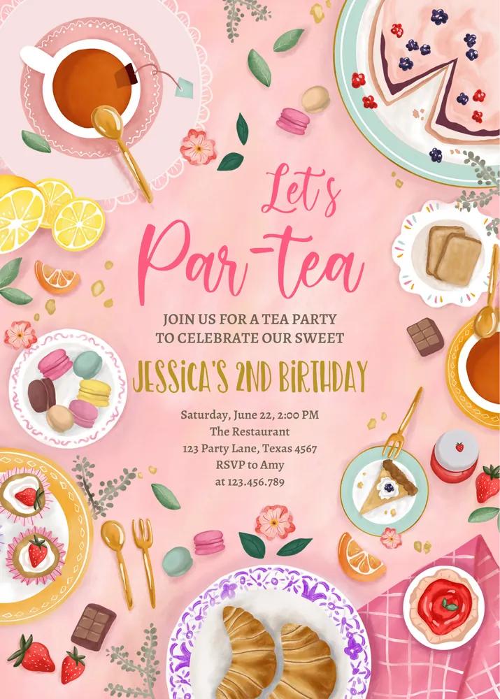 Floral Tea Party Birthday Invitation Template, Pink and Gold Girl Par-Tea Invite
