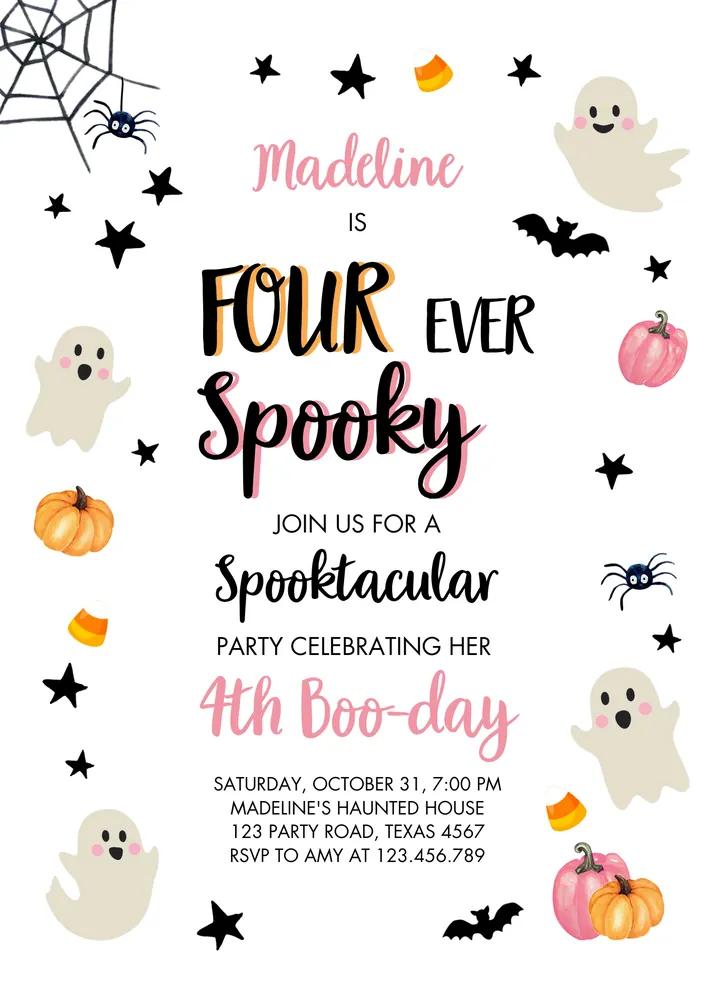 4th Birthday Halloween Invitation | Editable Four Ever Spooky Pink Ghost Canva