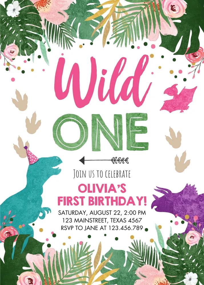 Wild One Dinosaur Birthday Invitation | Girl 1st Birthday Pink Canva Template
