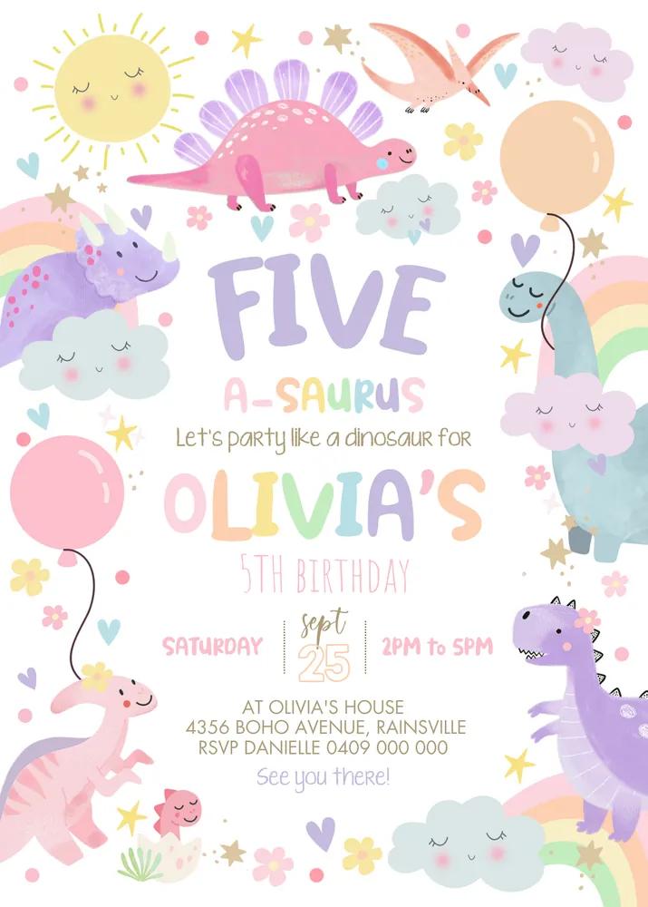 Girl Five-a-saurus Dinosaur Birthday Invitation Canva Template - Pastel Pink